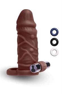 Silicone Vibrating Realistic Penis Extender with Ball Loop Dark Tan