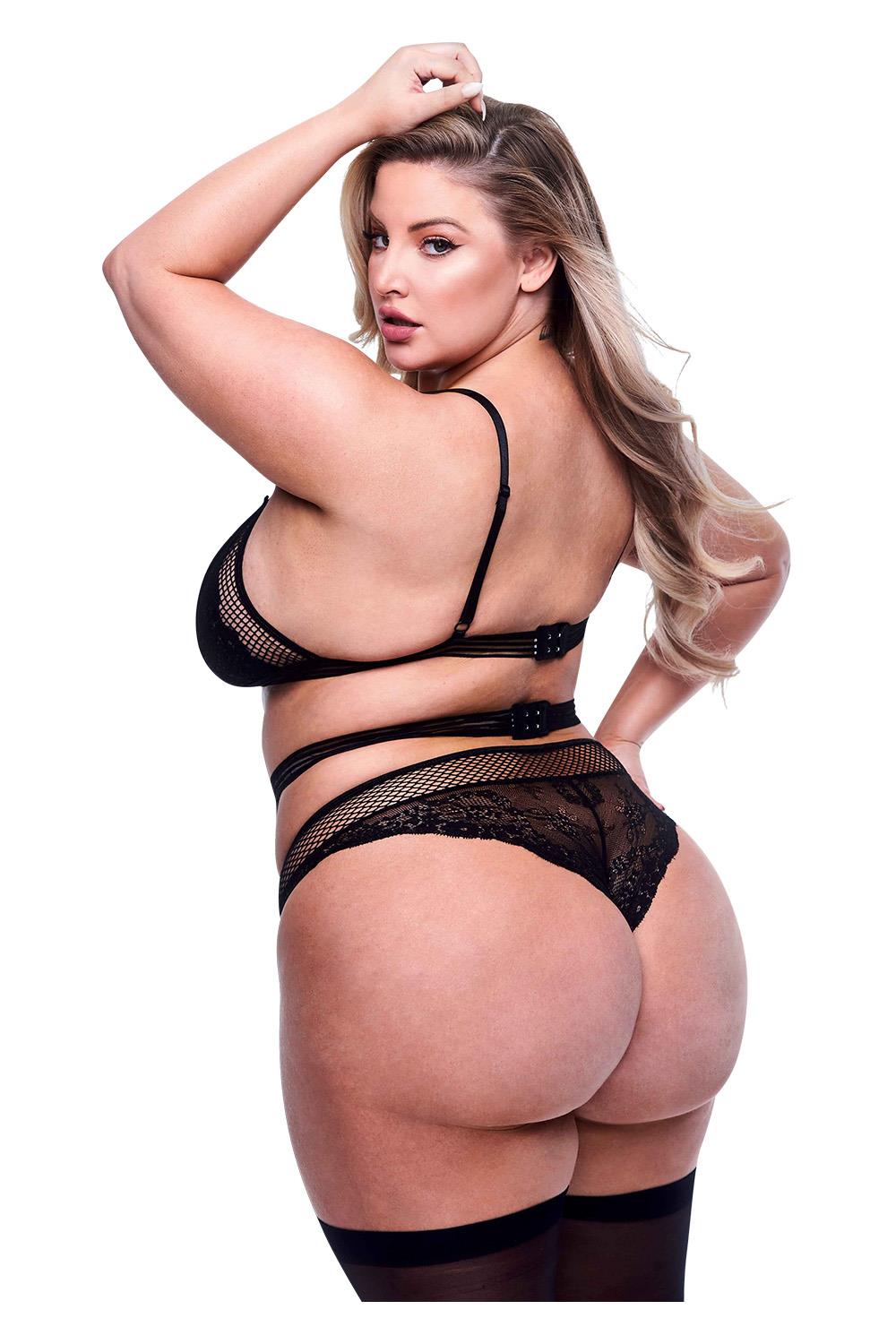 3PC LACE & MESH BRA, GARTER & PANTY SET BLACK, QS