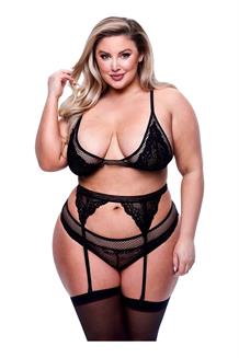 3Pc Lace & Mesh Bra, Garter & Panty Set Black, Queen